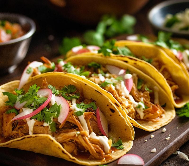 Three chicken tacos topped with radishes, cilantro, and sauce on a wooden board with garnish in the background.
