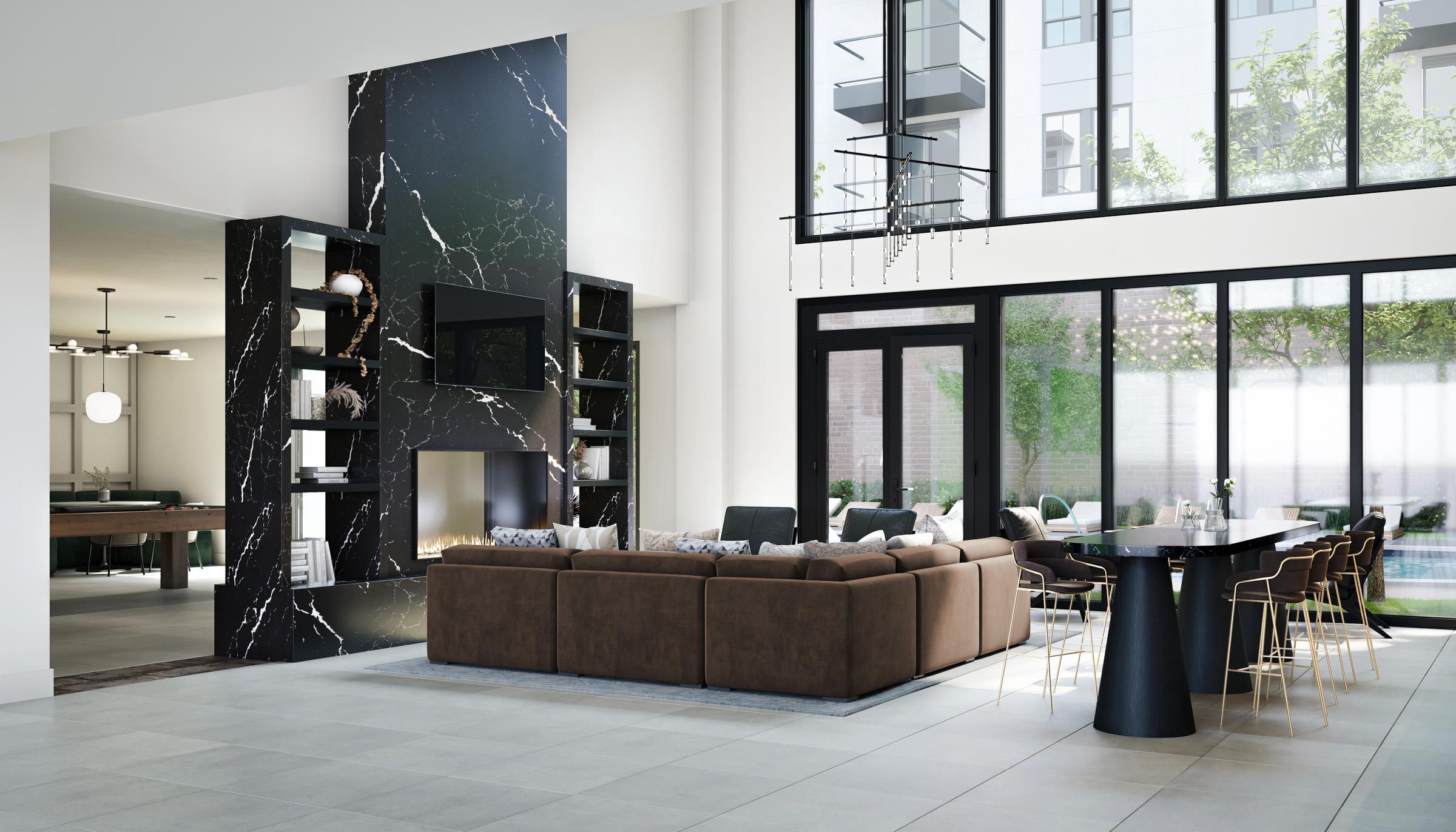 Modern living room with large windows, brown sectional sofa, marble fireplace, and dining area near a garden.
