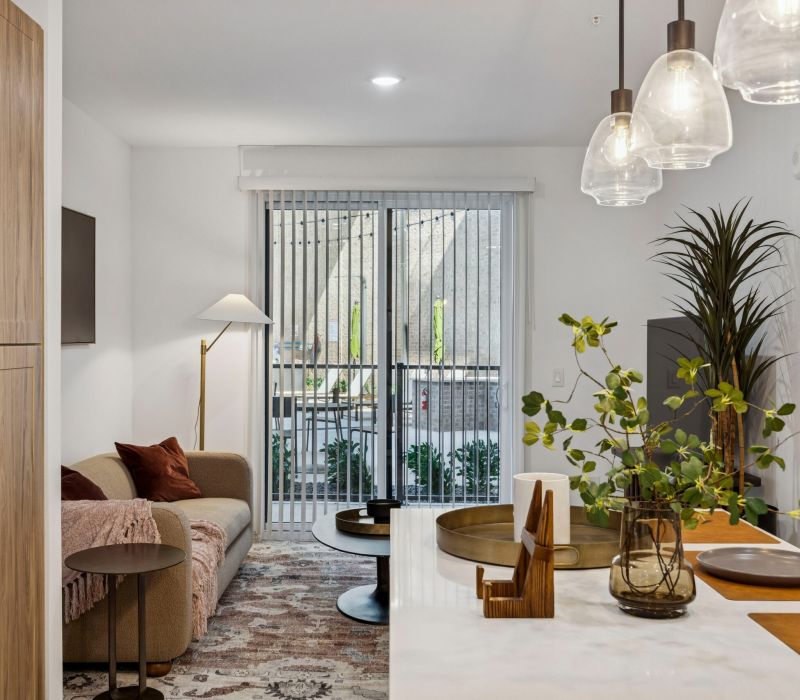 Modern living room with a cozy sofa, rug, indoor plants, and a kitchen island, facing glass doors to a balcony.