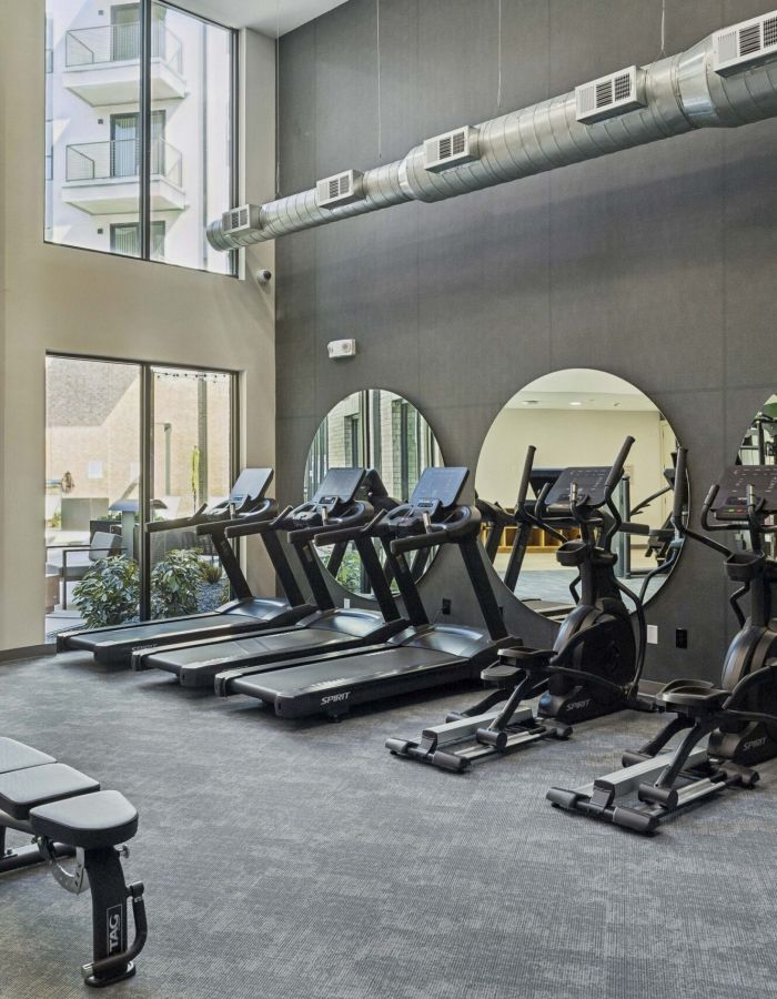 Modern gym with treadmills, ellipticals, a weight bench, large mirrors, and floor-to-ceiling windows.