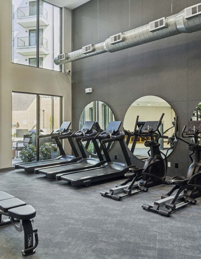 Modern gym with treadmills, ellipticals, a weight bench, large mirrors, and floor-to-ceiling windows.